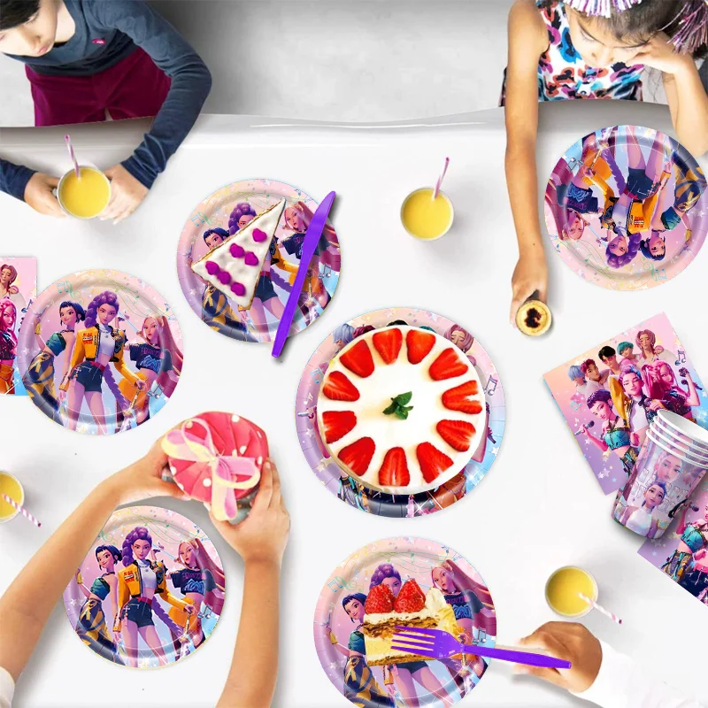 Kpop شيطان هنتر حفلة عيد ميلاد الديكور مجموعة أدوات المائدة ورقة كأس لوحة خلفية مفرش المائدة بالون لمستلزمات الحدث الحفلات