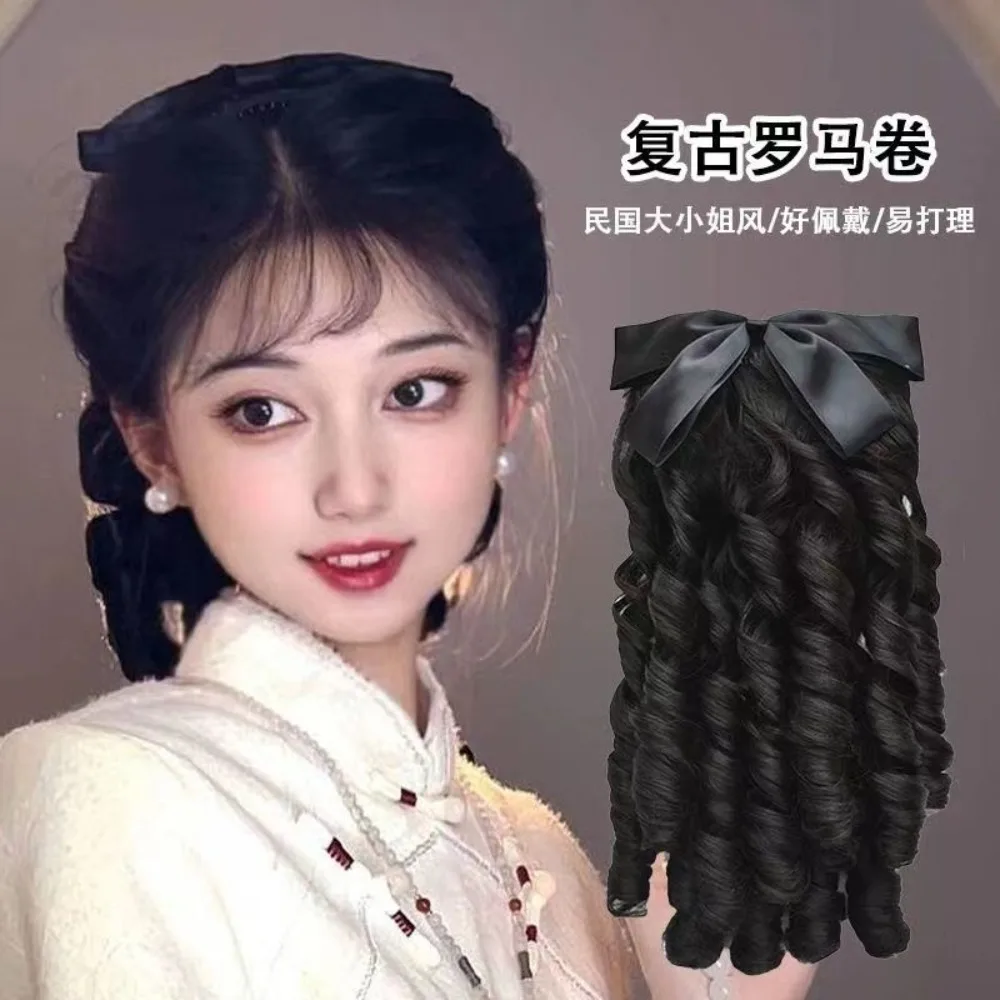 Perruque Hanfu Vintage Republic-Era-Tresse royale bouclée avec nœud et rouleau romain, postiche de princesse rétro historique, ensemble de cheveux chinois