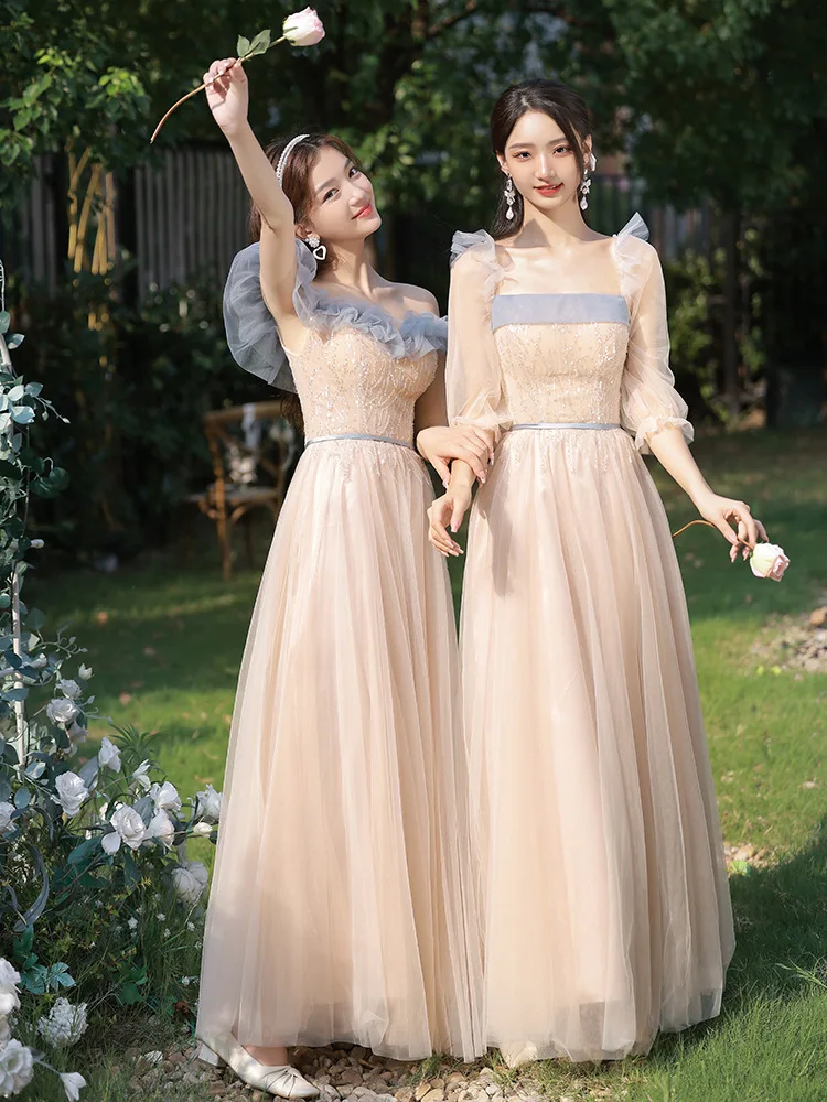 Temperament  Long Bridesmaid Dress Elegant Contrast Color Sequins Beadings Formal Vestidos Sisters Group Gown Graduation Dress