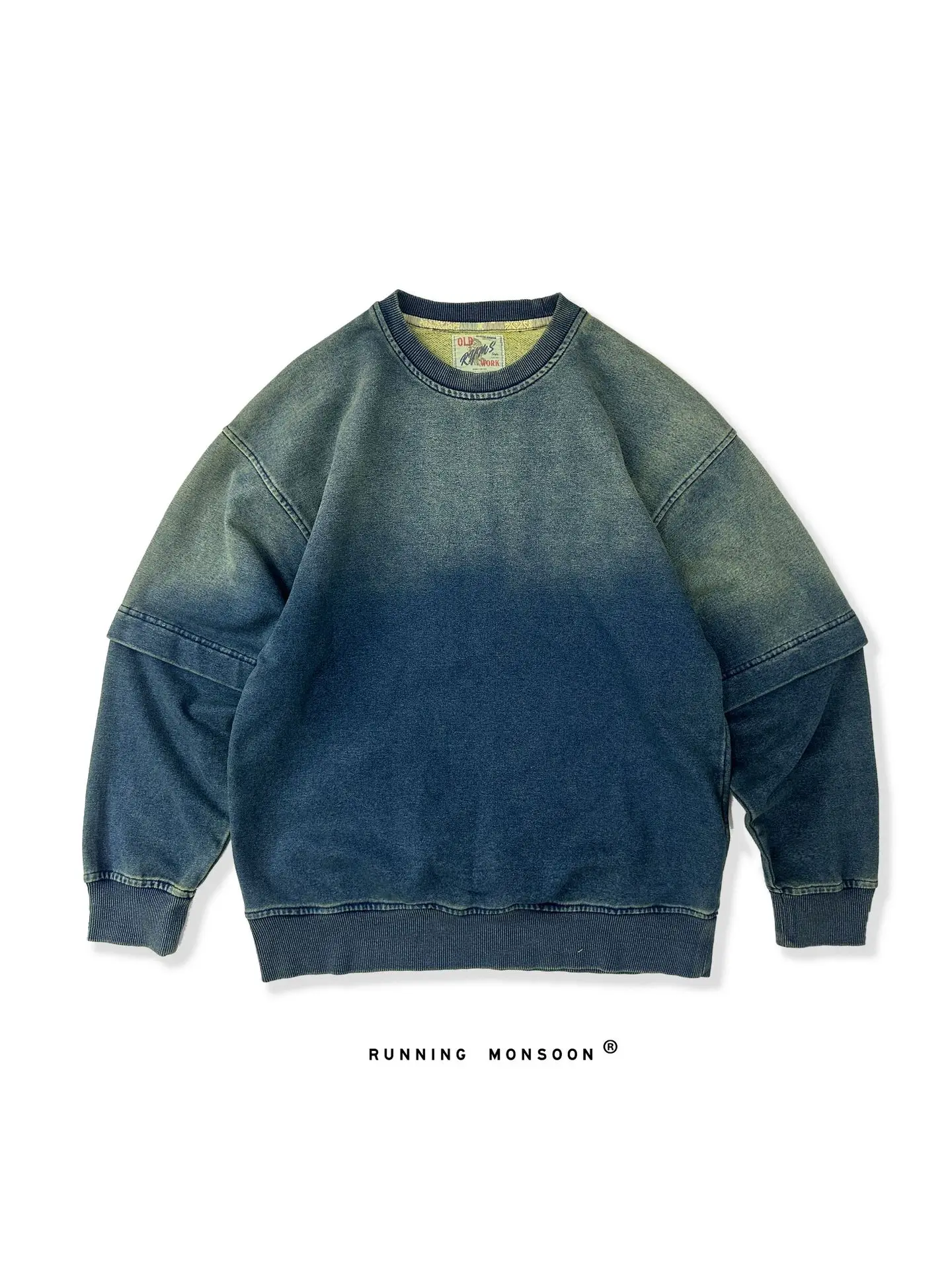 

2024 New Autumn and Winter Original Blue Dyeing Retro Round Neck Loose Men's Gradient Sweatshirt