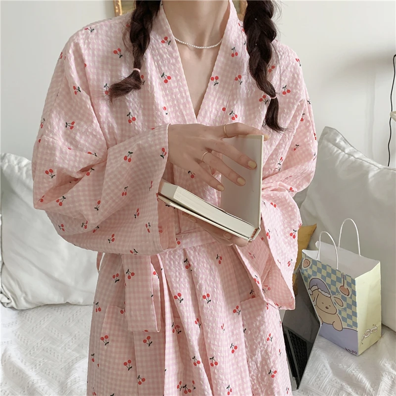 Cherry Plaid Robe Lovely Autumn Cotton Bathrobe Long Kimono Pajamas Nightgown Lace Up V-Neck Long Sleeve Night Dress Sweet