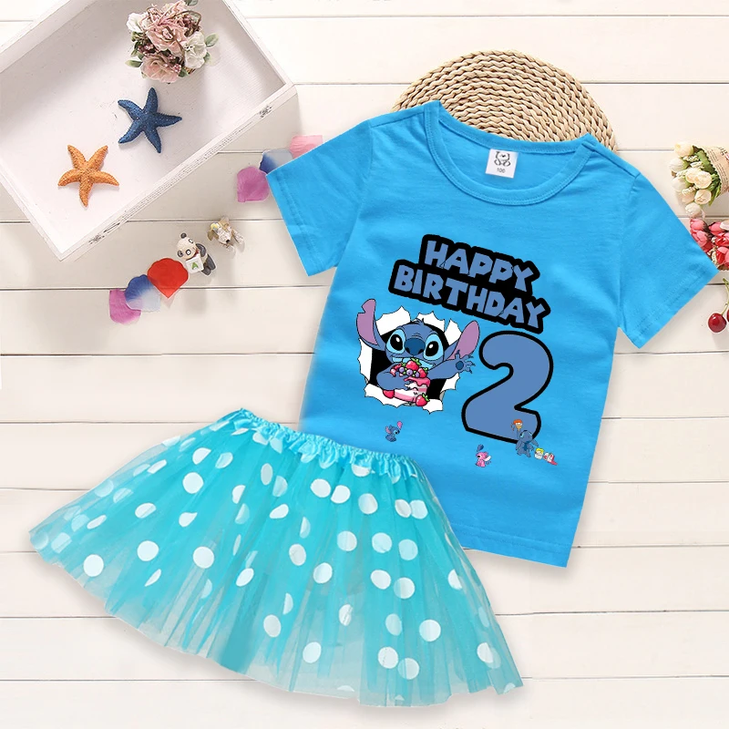 ديزني غرزة الاطفال طفل فتاة عيد ميلاد عدد الزي طباعة قصيرة الأكمام تي شيرت تول نقطة نمط تنورة عقال الملابس مجموعة