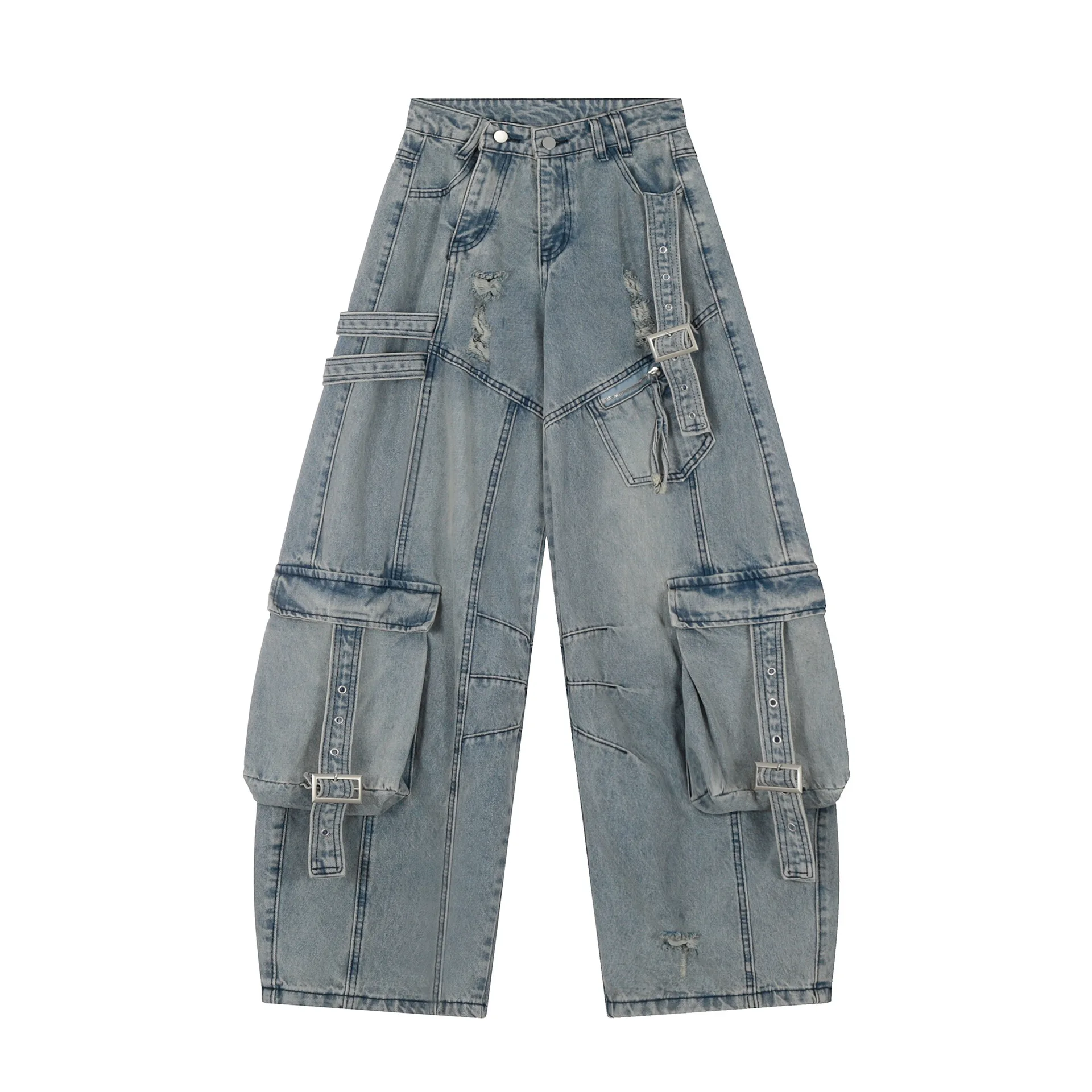 Multi-Pocket Trend Women Jeans Baggy High Street American Hole Overalls Y2K Retro Punk Hole Straight Wide-Leg Pants