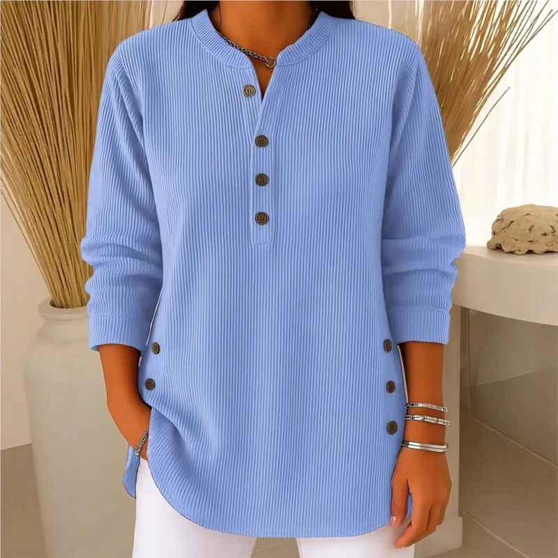 

2025 Autumn Winter New Casual And Versatile Women Tops Fashionable Solid Color V-neck Long-sleeved Loose Corduroy Tops T-shirts