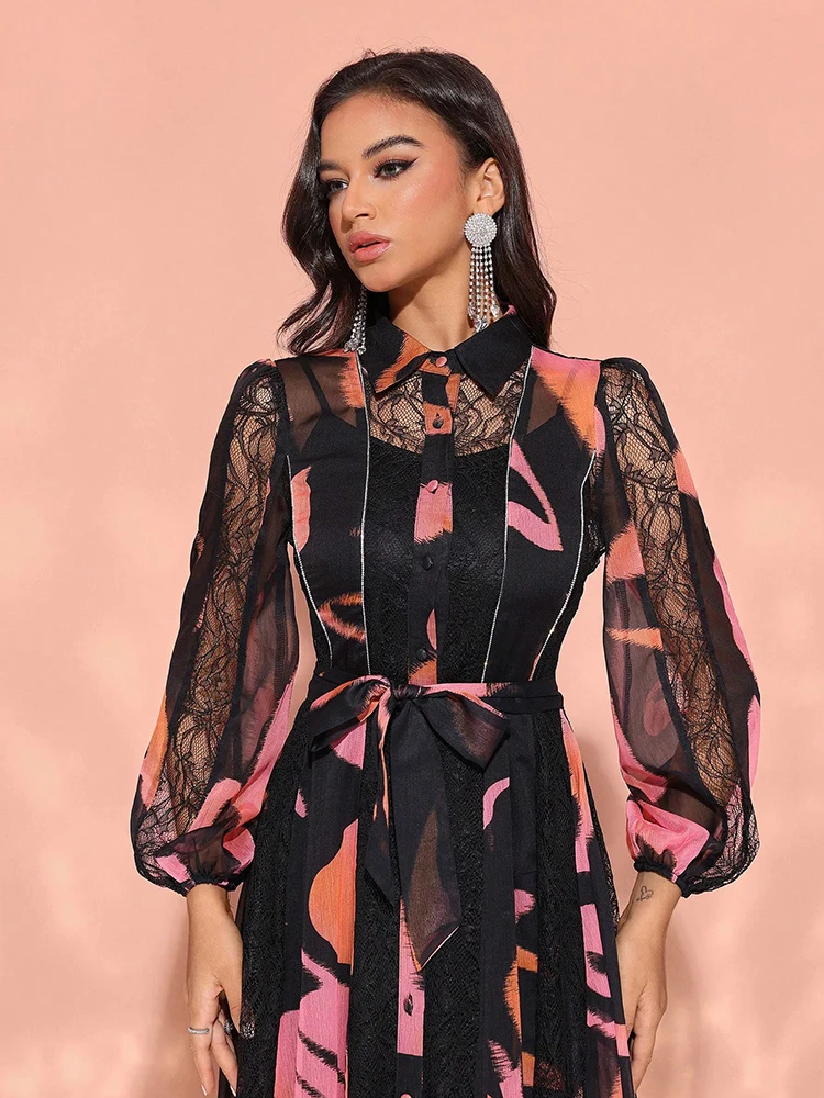TOLEEN 2pcs/Set Women Elegant Random Lace Print Dress 2025 New Summer Fashion Casual Vintage Formal Party Evening Long Dresses