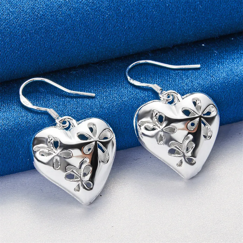 925 Sterling Silver Delicate Floral Openwork Heart Earrings, Fashionable Engagement Gift Jewelry for Women