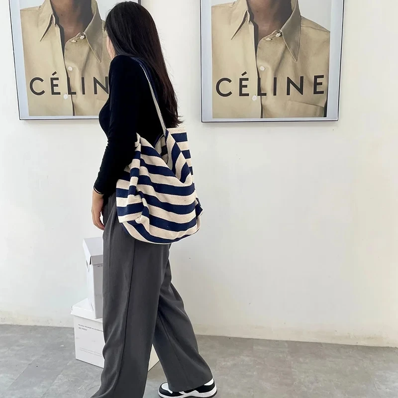 UKF Lazy Style Literature Leisure Canvas Tote Bag Fresh Stripe Large Capacity Bags for Women Shoudler Shopping Handbag Bolas