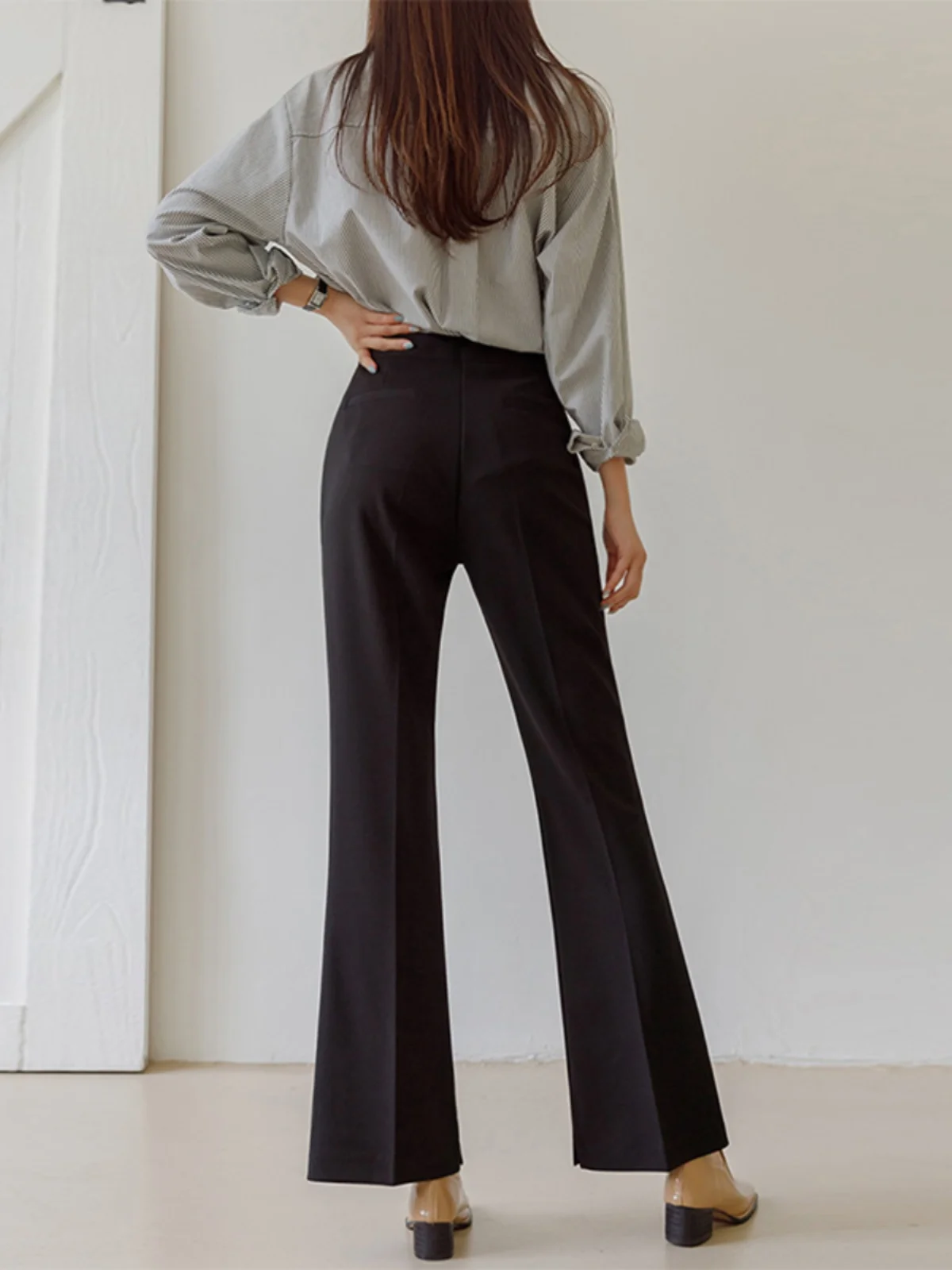 Business Commuter High Waist Flared Pants Women's Premium Drapey Trousers Korean Style Casual Pants with Pockets