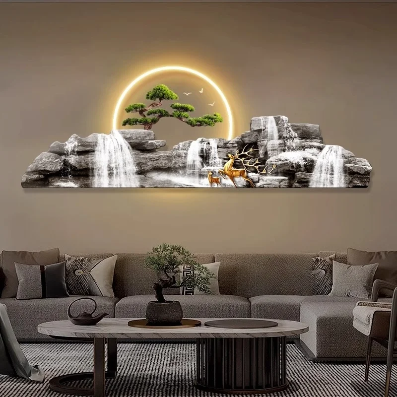 

Light Luxury LED Wall Art - Home Decorative Painting with Deer, Moon & Guest-Greeting Pine Pattern, Hanging Decorative Art