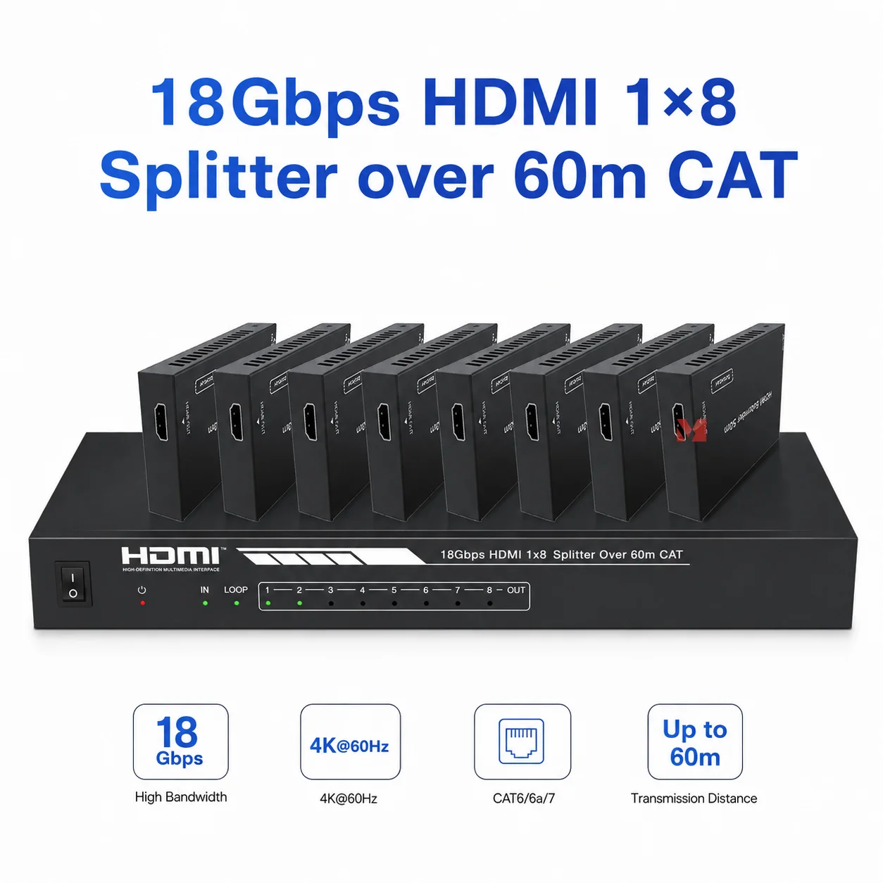 HDMI Splitter 18Gbps 1x8 HDMI Extender Over CAT7 4K60Hz HDR 3D Transmitter Receiver HDCP2.2 60m 8Port IR EDID POC 1 Loop Out