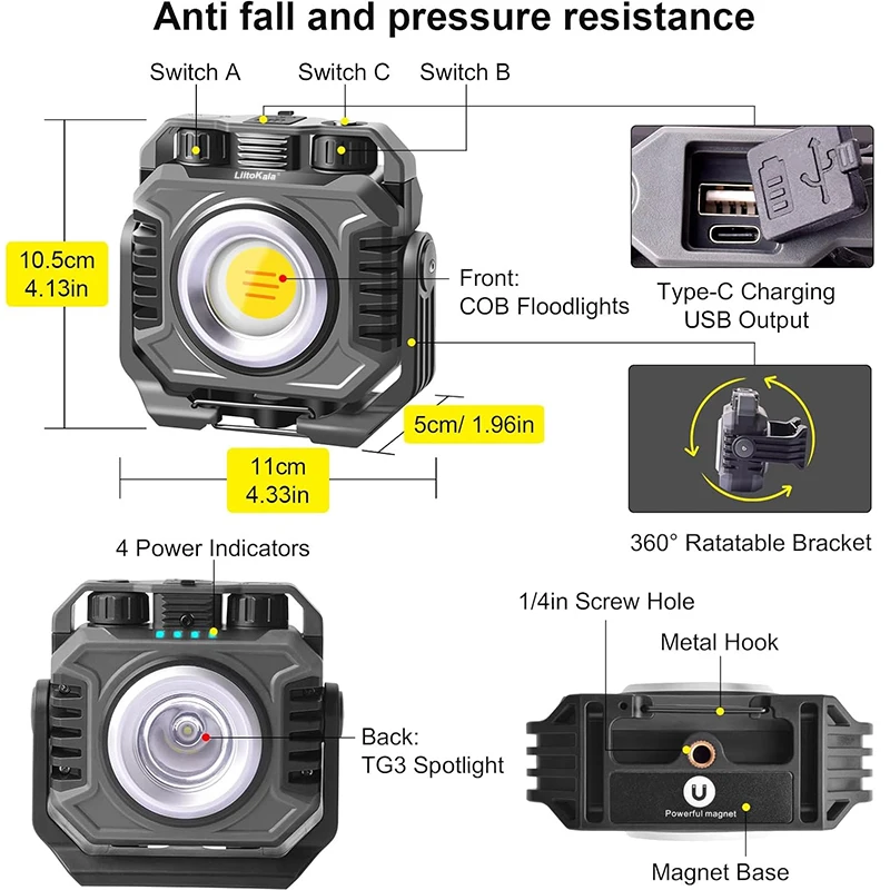 LiitoKala LF-786 Work lights+26650 5000mAh Battery Rechargeable 2700-8000K temperature sensitive magnetic work light 360 ° rotat