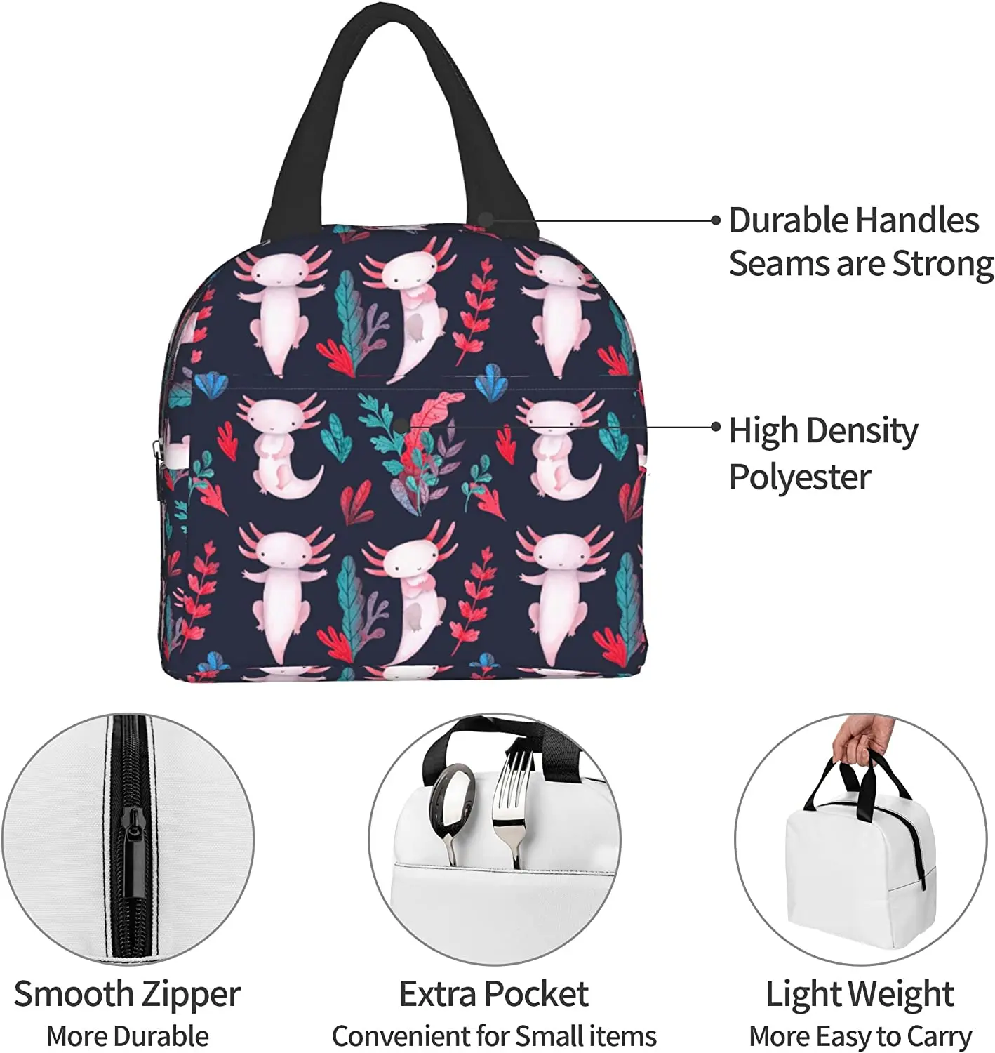 Axolotl-fiambrera con aislamiento de animales para mujeres, hombres, niñas y niños, bolsa de almuerzo portátil, bolsas de té para el trabajo, Picnic escolar