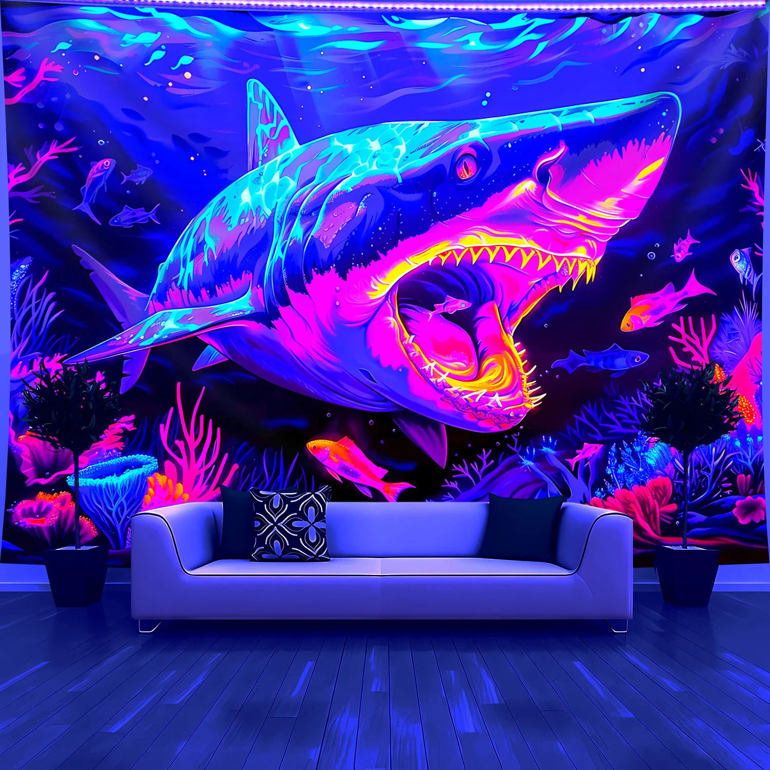 Neon Shark Wall Tapestry Psychedelic Ocean Art Blacklight Glow Room Decor Vibrant Underwater Scene Boho Home Decoration
