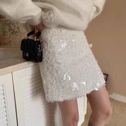 2024 Women's Spring Fall High Waist A-Line White Sequin Skirt