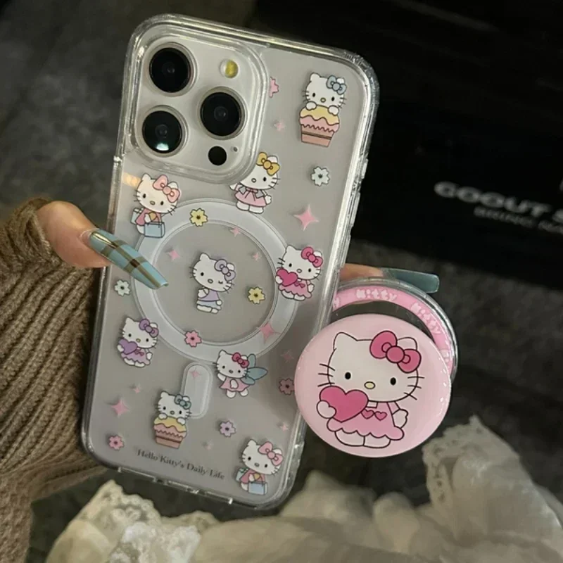 Cute Sanrio Hello Kitty Magnetic Bracket Magsafe Wireless Charge Phone Case For iPhone 16 15 14 13 12 11 Pro Max  Hard Cover