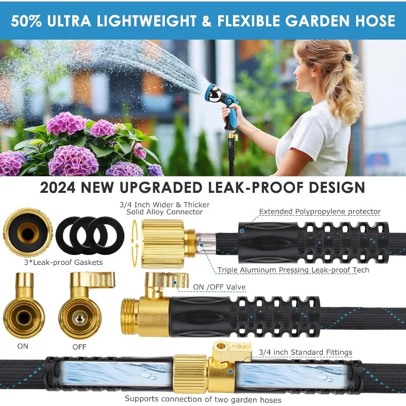 Garden Hose 100 ft, Leak-Proof, Kink-Free Hose, Durable 3750d Fabric & Extra Strong Connector, Portable Storage Strap