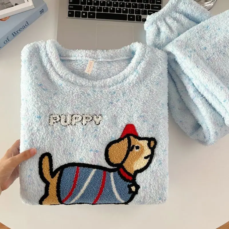 

Dachshund Pajamas Set Cute Christmas PJS Women 2025 Fluffy Warm Winter Sleepwear Sky Blue Flannel Pjs Y2K Baggy Comfy Homewear
