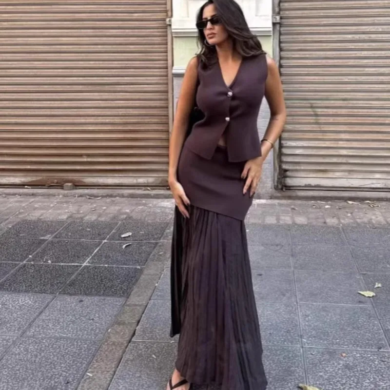 سترة نسائية أنيقة على شكل حرف v بدون أكمام بزرين سترة محبوكة + خصر عالي وسحاب وحاشية طيات تنانير طويلة ملابس خروج فرنسية