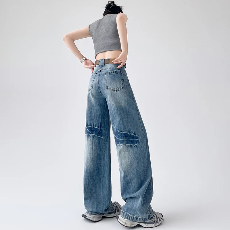 جينز ذو سكين منحني فضفاض من الخيزران مع إحساس تصميم أنثوي، سروال عالي الخصر فضفاض مستقيم الساق واسع الساق Y2K #2
