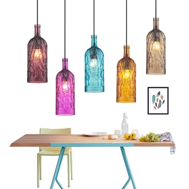 Colored Glass Wine Bottle Chandelier Modern Minimalist Pendant Lights for Dining Room Bar Cafe Kitchen Island LED Lighting Lamp