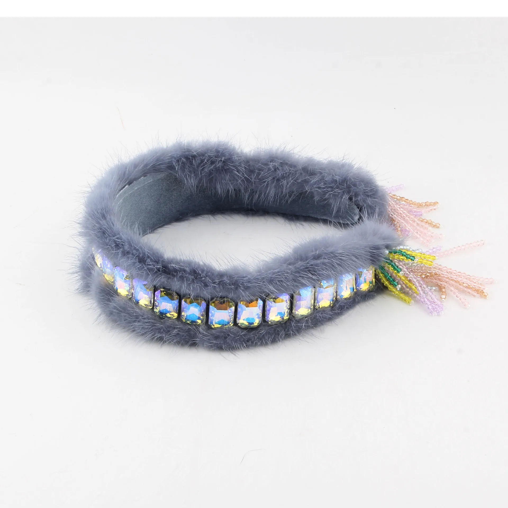 Original! Mink hair headband female Korean version temperament light luxury crystal fringed lace celebrity heavy industry plush