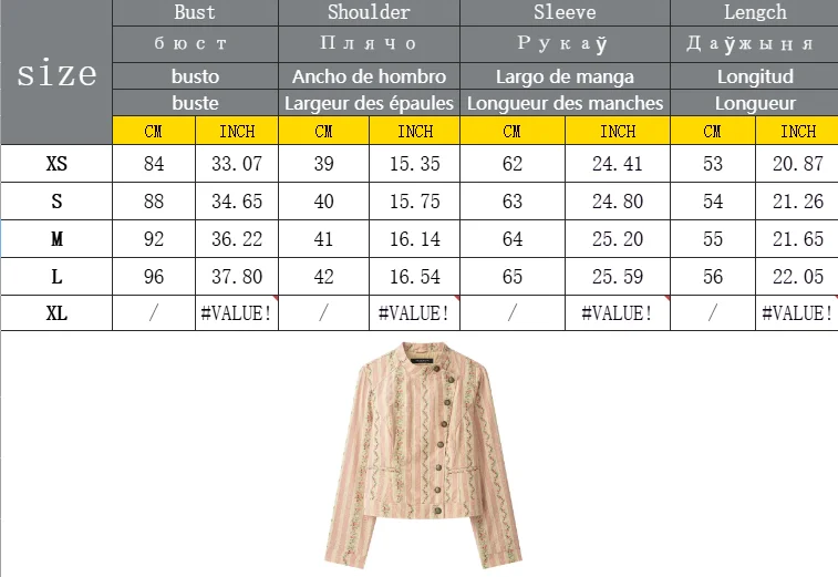 Elegante Damenjacke mit Blumenmuster und Streifen, Jacquard, Herbstmode 2026, Diagonalknöpfe, Stehkragen, lange Ärmel, kurzer Damenmantel – Detail 1