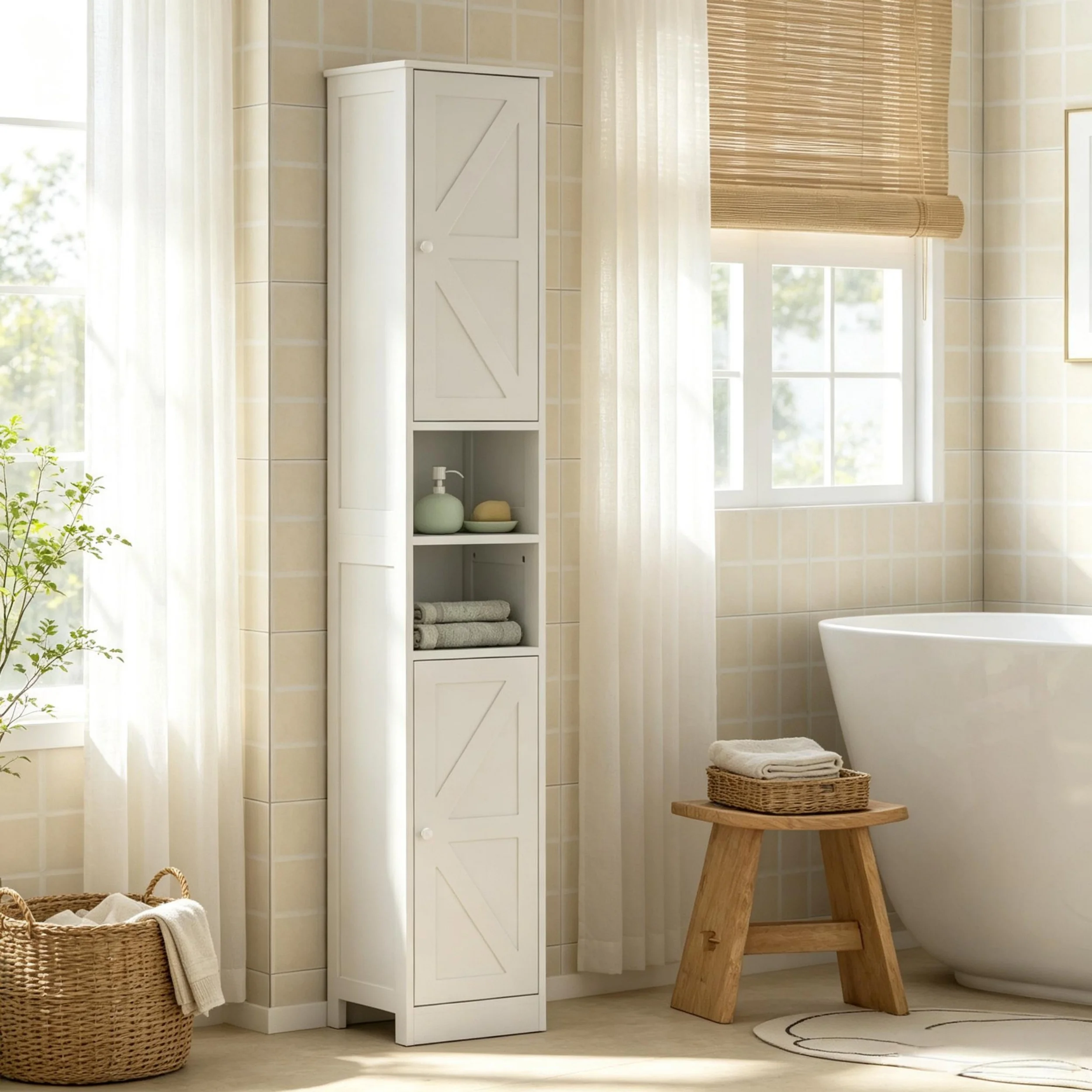 Bathroom Organizer with Enclosed & Open Compartments,Tall Bathroom Storage Cabinet,Slim Floor-Standing Bathroom Cabinet