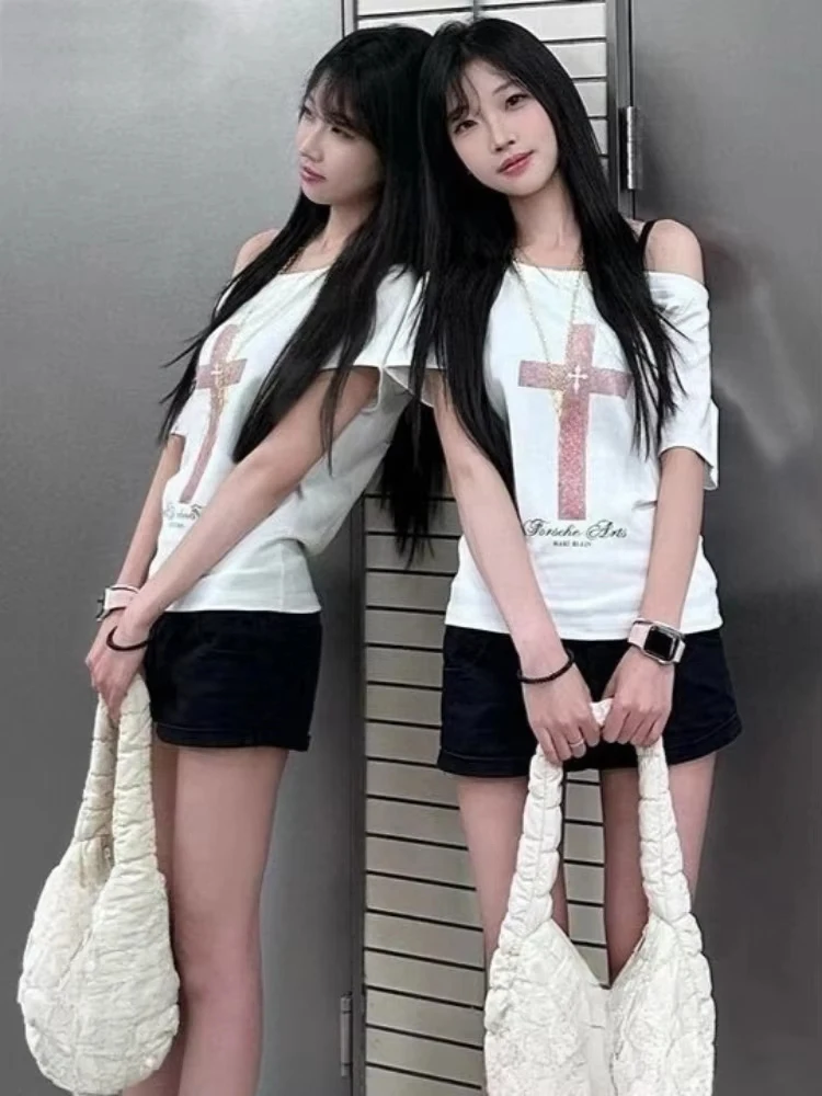 Summer Sexy Slash Neck Fairy T Shirt Women Y2K Aesthetic Cross Printing Grunge Tops Harajuku Vintage Loose Casual White Tees