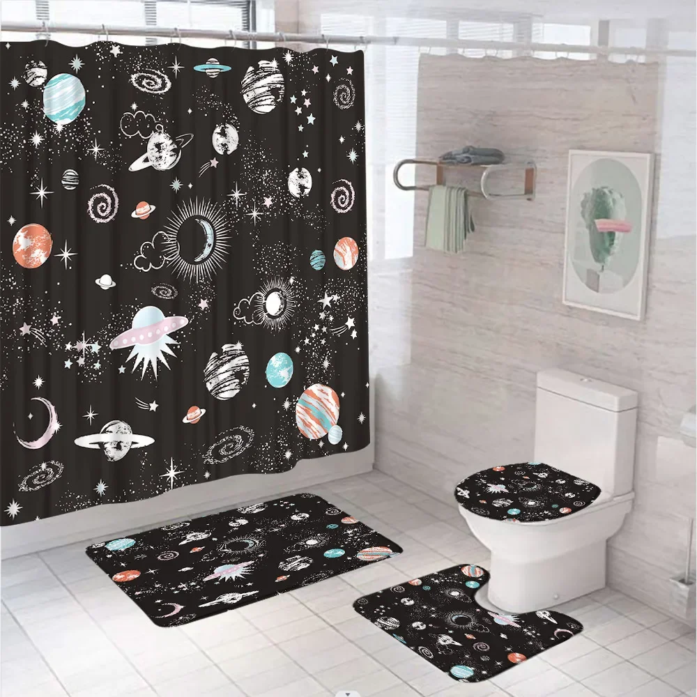 4Pcs Kids Boys Shower Curtain Sets with Non-Slip Rugs Cartoon Planet Cute Universe Galaxy Space Moon Bathroom Girl Bath Curtains