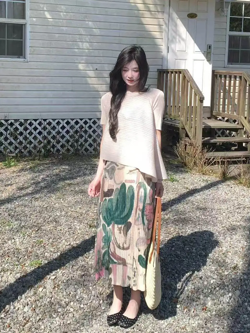 Casual Tassel Trim Pleated Skirt Set Women's High Waist Midi Skirt Spring Summer Fashion Anti-Aging Two-Piece Set