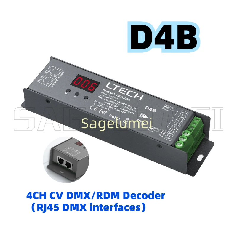 DC12-24V 6A/CH LTECH CV DMX/RDM-decoder 4-kanaals constante spanning 24A (4CH) LCD-scherm DMX512 Slave Green Terminal/RJ45-poort