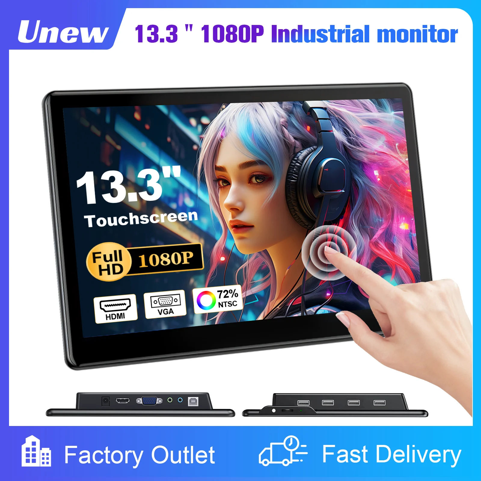 13.3 นิ้ว Touch Screen Monitor FHD 1920X1080 เหมาะสําหรับโทรศัพท์แล็ปท็อปภายในลําโพงใช้งานร่วมกับ HDMI VGA USB Type-C