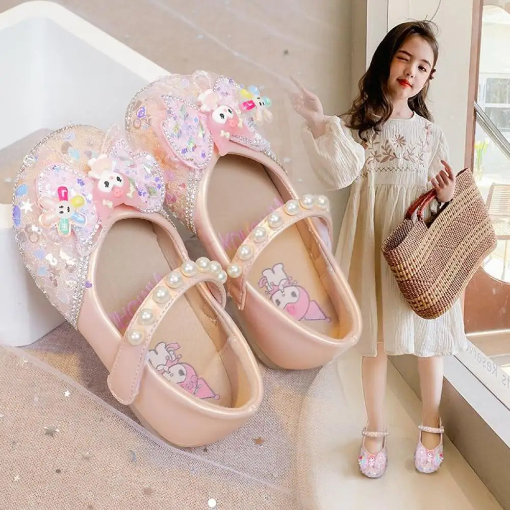 Kuromi Childrens Shoes Sanrio Spring New Girls Baby Pink Blue Princess Shoes Kids Bow Soft Soled Pearl Crystal Party Dress Shoes