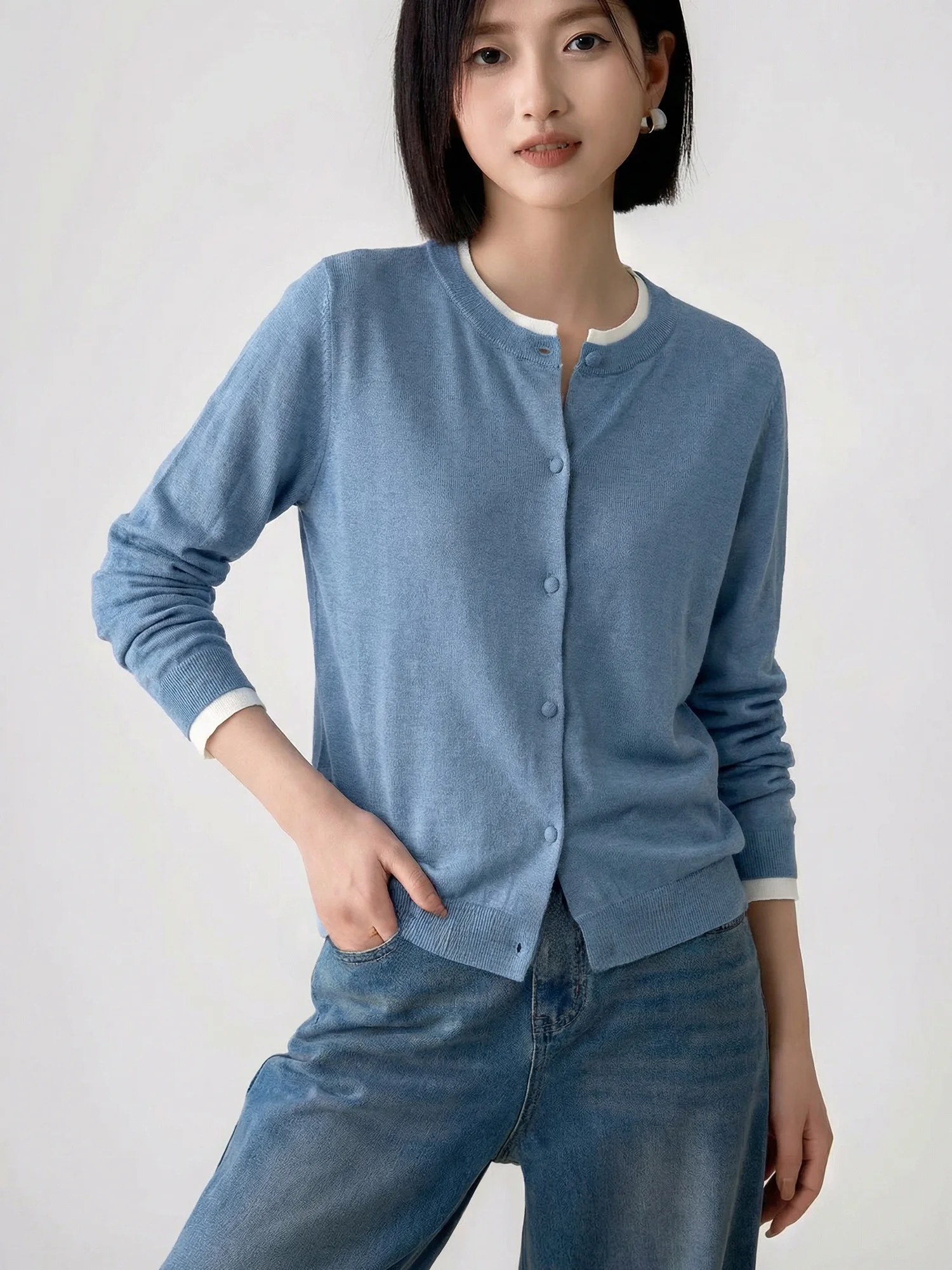 

Elegant Silk Wool Knitted Open Cardigan Women's round Neck Slim Fit Sweater Spring 2026 Fashion New Style Casual Wear