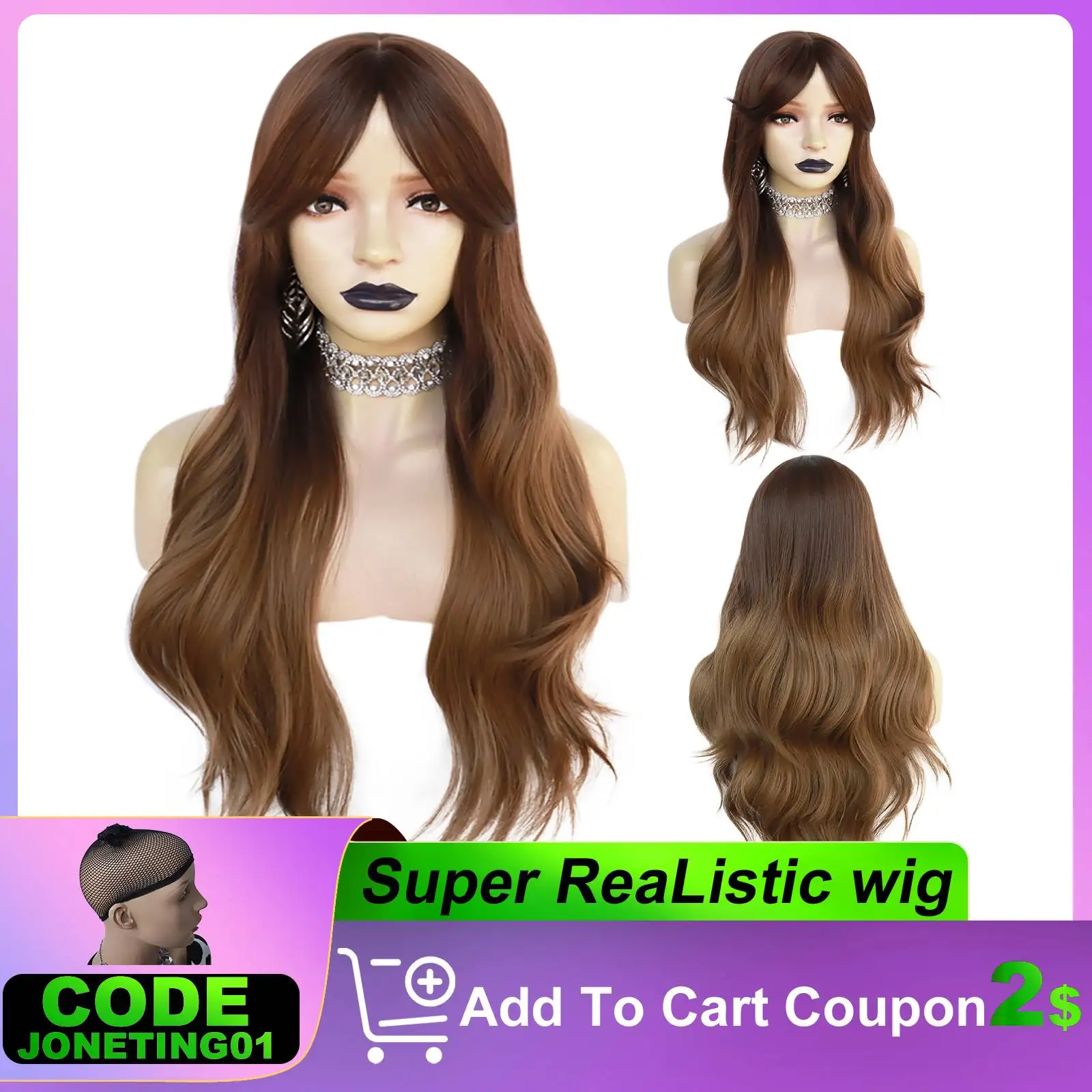 JONETING 28inch Highlight Mix Brown Synthetic Wig with Bang Heat Resistant Fiber Wavy Cosplay Wig Hair For Black Women Halloween