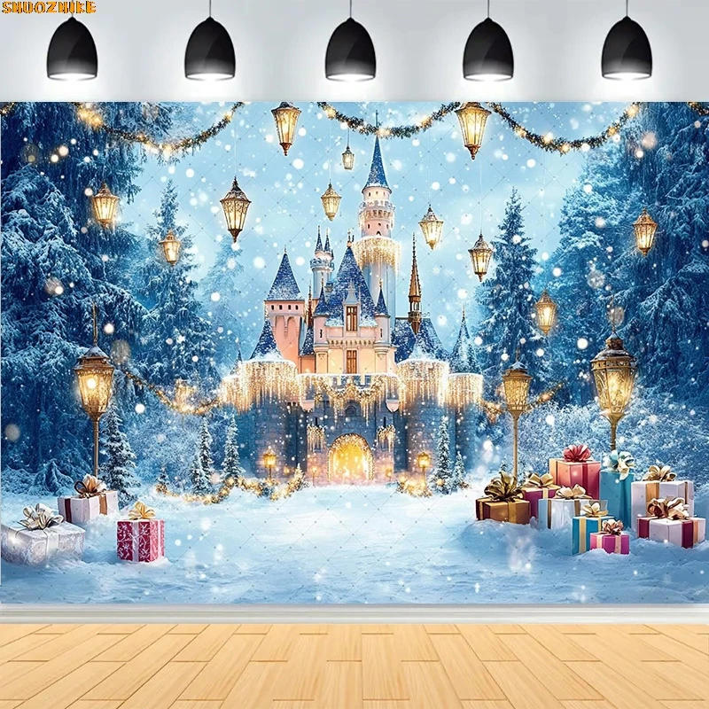 

Christmas Day New Year Photography Backdrops Fireplace Xmas Trees Gifts Snow Winter Holiday Party Deco Castle Background BT-01