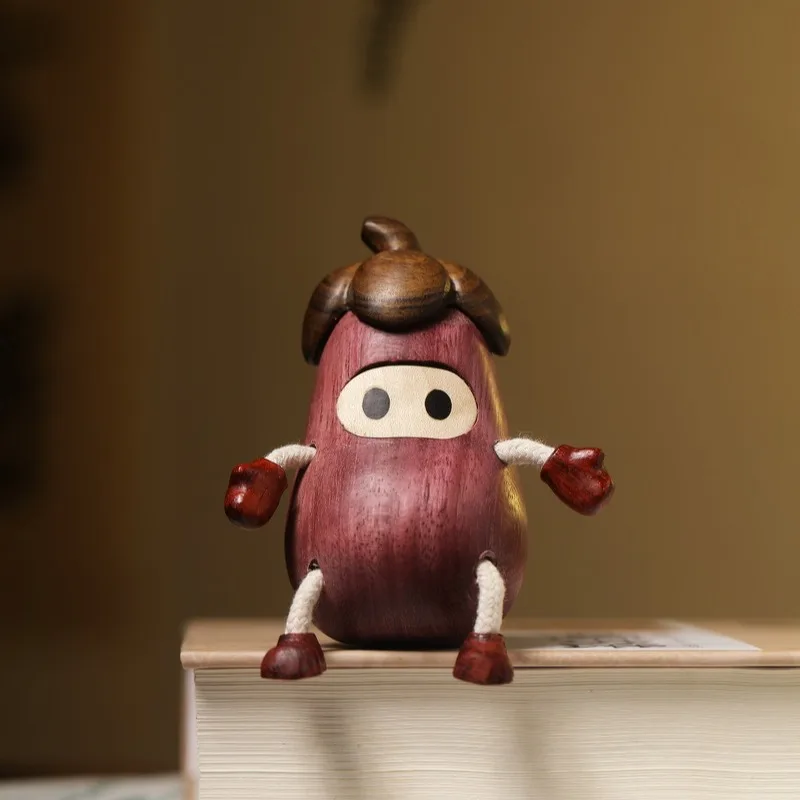 Violet Wood Eggplant Man Statue, Hand-Carved Creative Wood Inlay Cute Figurine for Desktop Decor