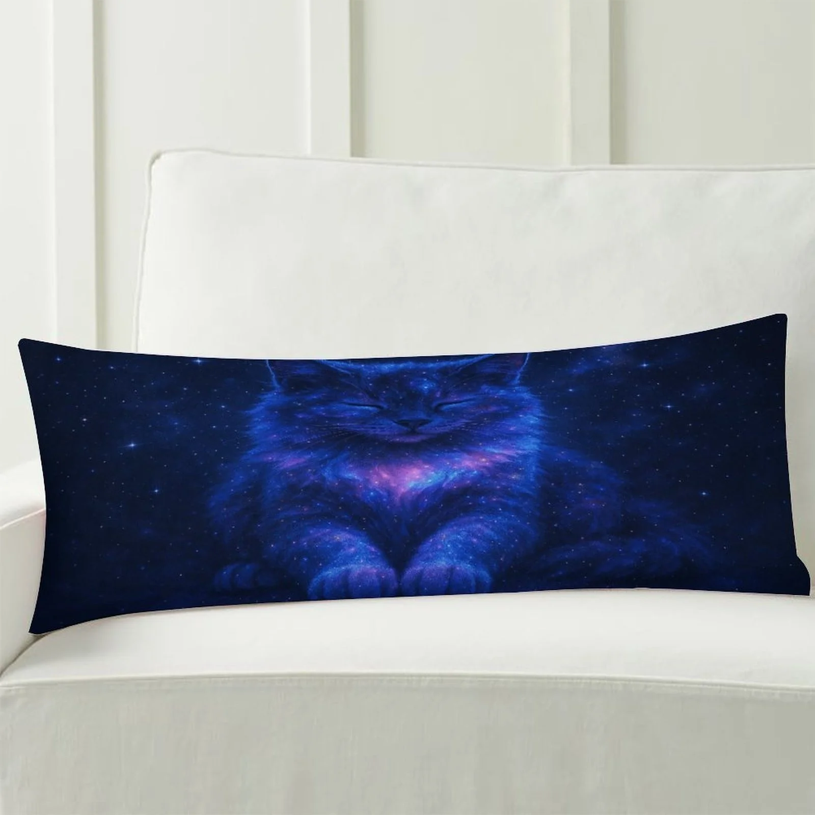 Cosmic Cat Pillowcase - Galaxy Kitten Print, Deep Blue Purple Nebula Design - Soft Fleece Flannel for Bed And Sofa Decor, Machin