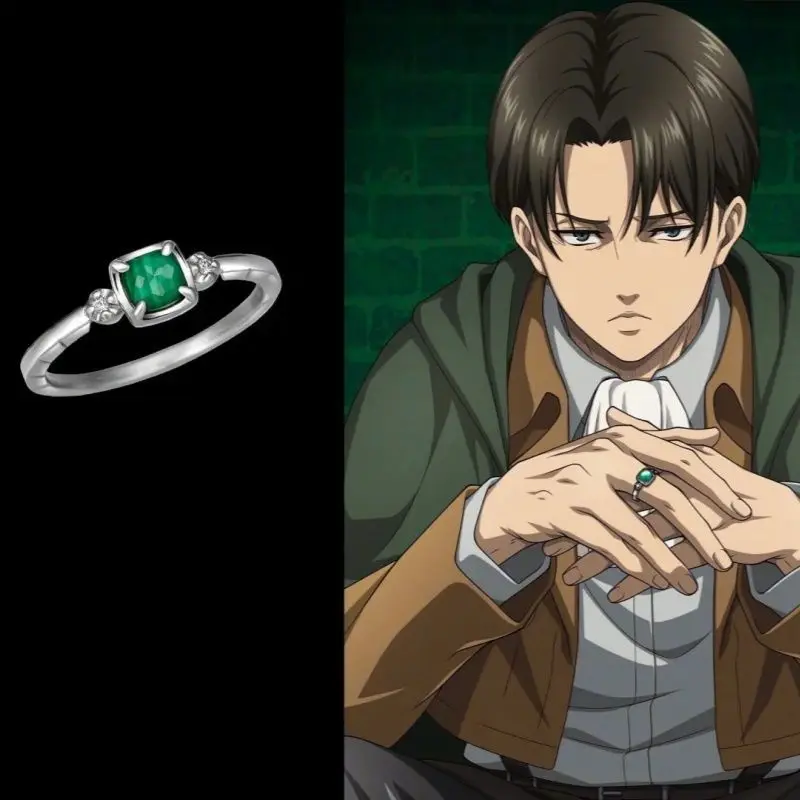 Attack on Titan Levi Character Image Rings Woman Anime Accessories Green Zircon Silver Color Ring Man Fashion Cosplay Jewelry