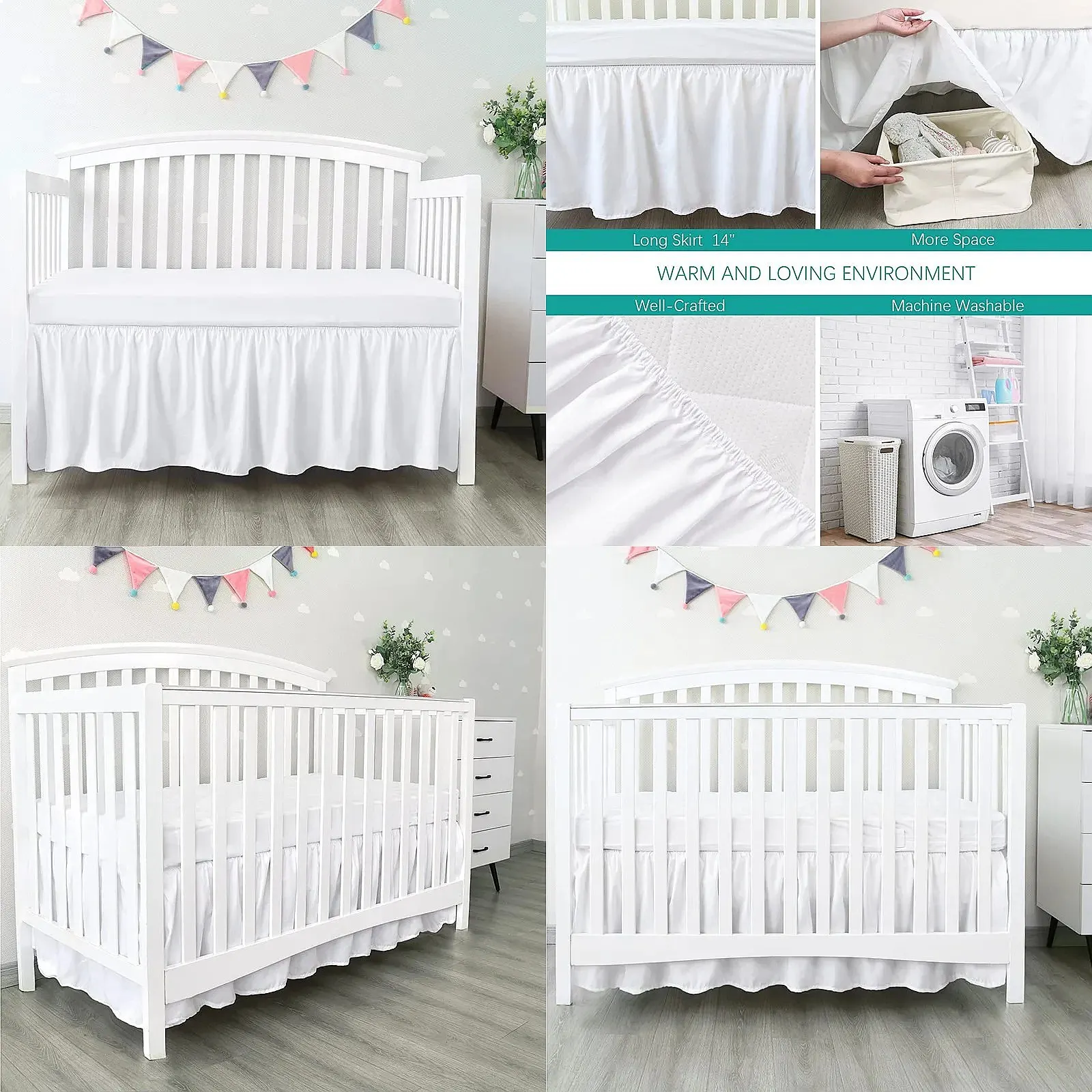 Baby Crib Bed Skirt with White Top Sheets 4 Sides Pleated Ruffles Soft Nursery Bedspread for Boys Girls Toddler