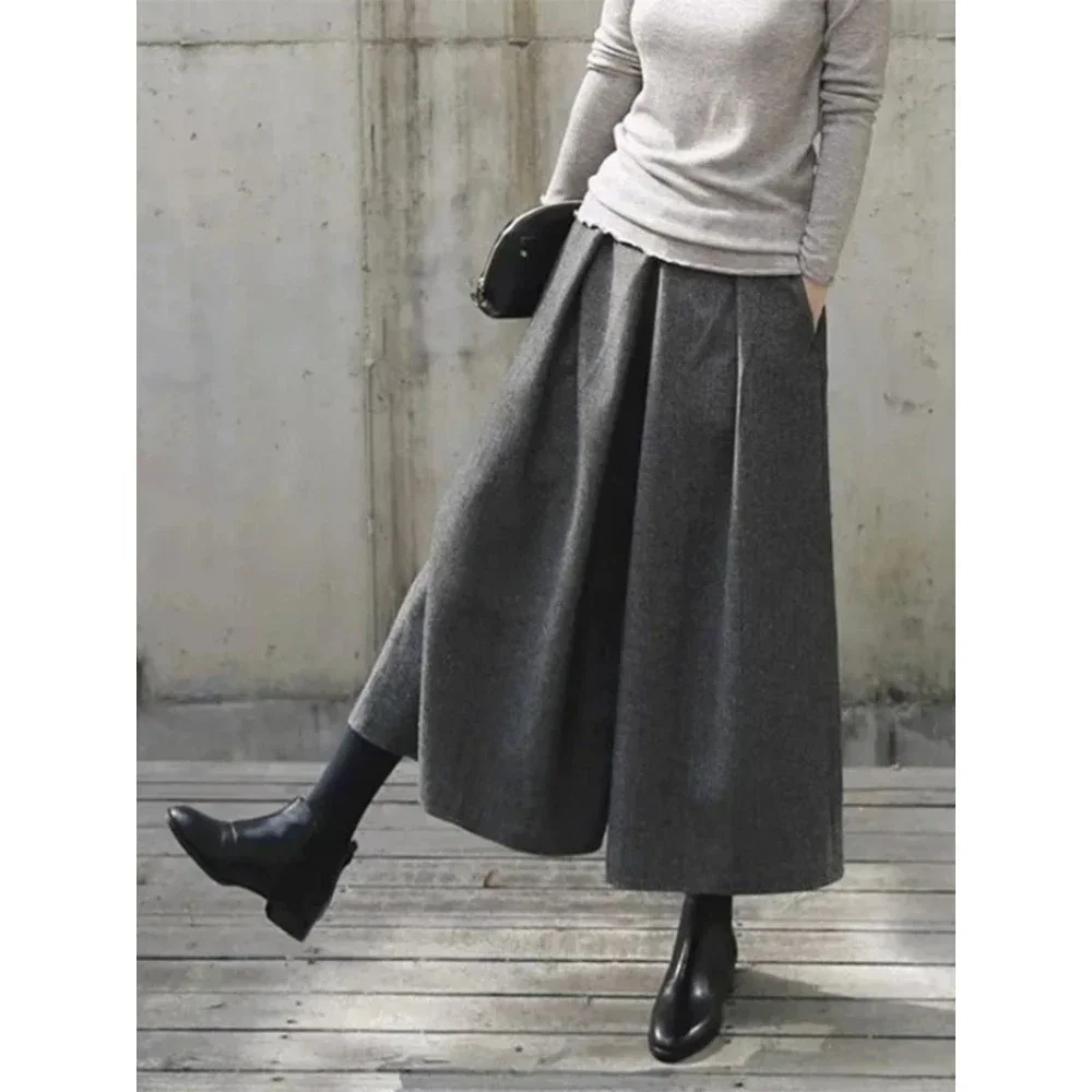 

Woolen Wide Leg Pants Women Street High Waist Loose Fashion Female Pant Skirts 2024 comfort Autumn Winter Thicken Lady Trousers