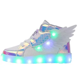 Waterproof Leather Kids Luminous Shoes Sneakers Led Light Shoes with Wing USB Charging Casual Sports Shoes Girls Skateboard Shoe