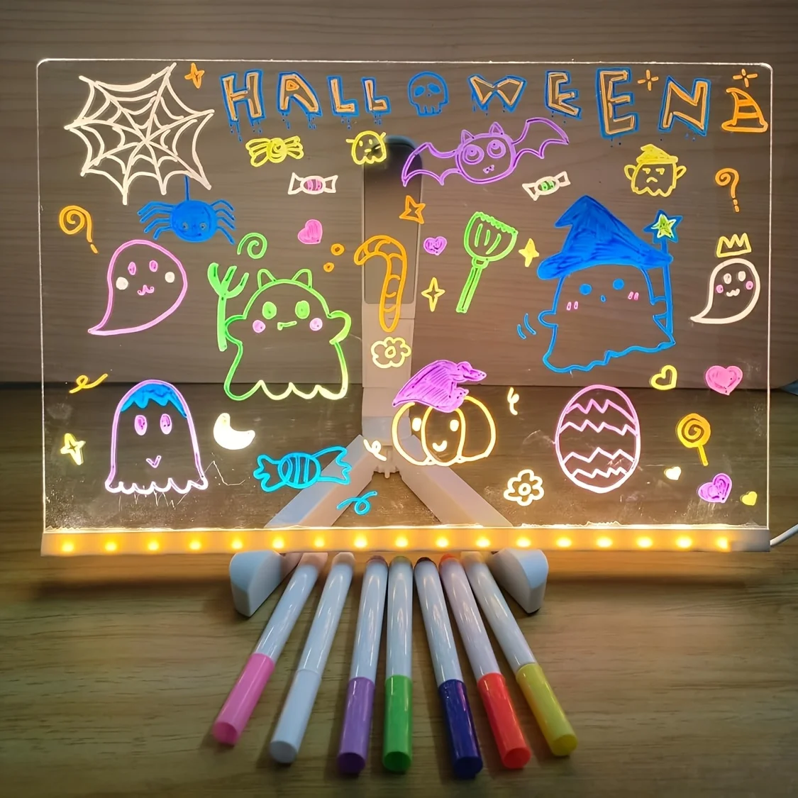 Picture 4: 1 set of LED-lit acrylic message board, removable and erasable USB drawing board, reusable doodle board with stand, 7 colored pe