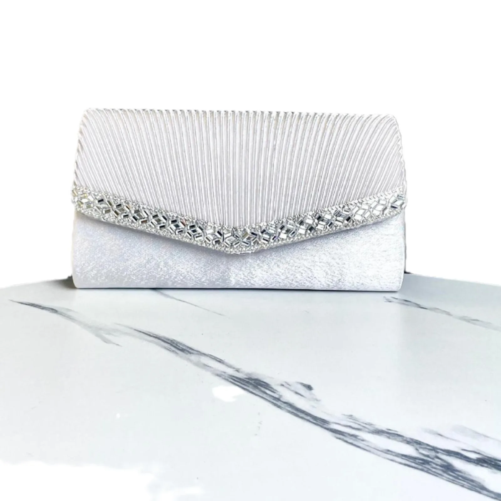 Ivory Pleated Satin V-shape Rhinestone Trim Long Clutch Luxury Gentle Evening Purse Mature Women Wedding Banquet Elegant Handbag