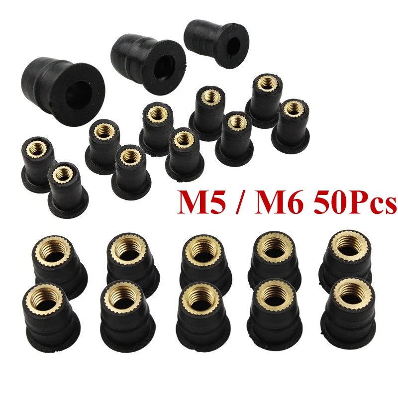 オートバイ用メトリックラバーウェルナット,陽極酸化アルミニウム,スクリューボルト,m5,m6,50個