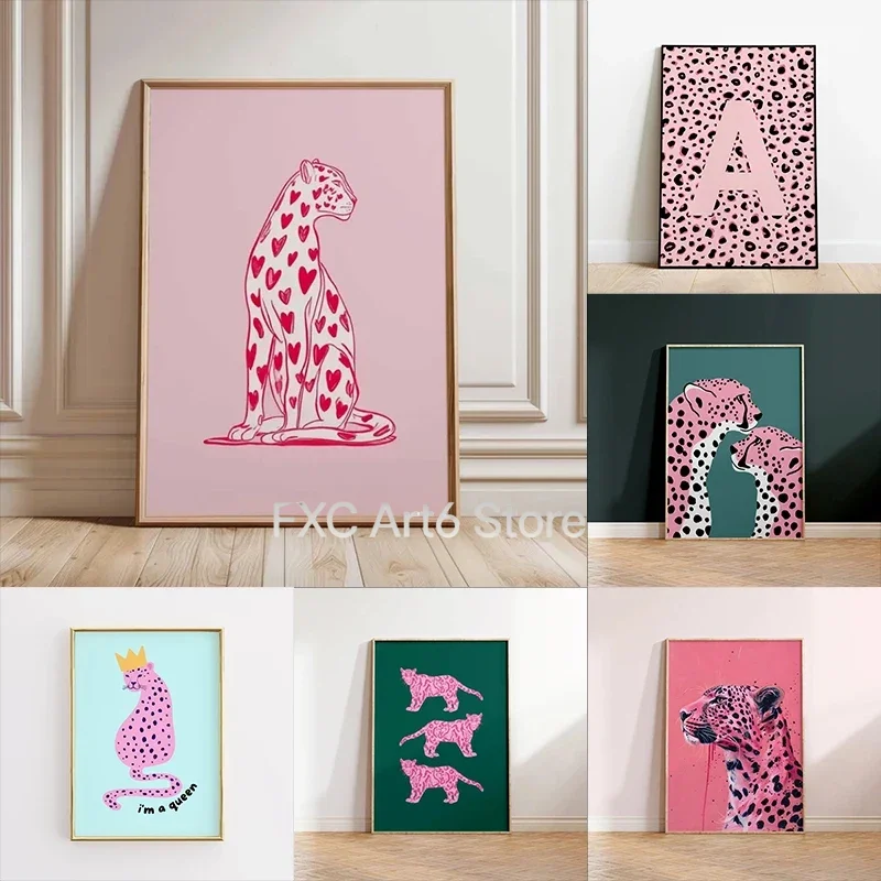 1PCS Frameless Pink Leopard Wall Art Poster, Cute Animal Print with Hearts, Modern Minimalist Decor, Unframed Pop Style Artwork