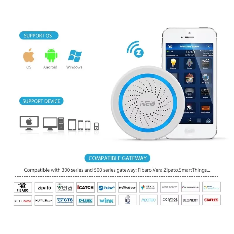NAS-AB02Z Home Automation Z-Wave Sensor Siren Alarm Compatible with Z-wave 300 Series and 500 Series