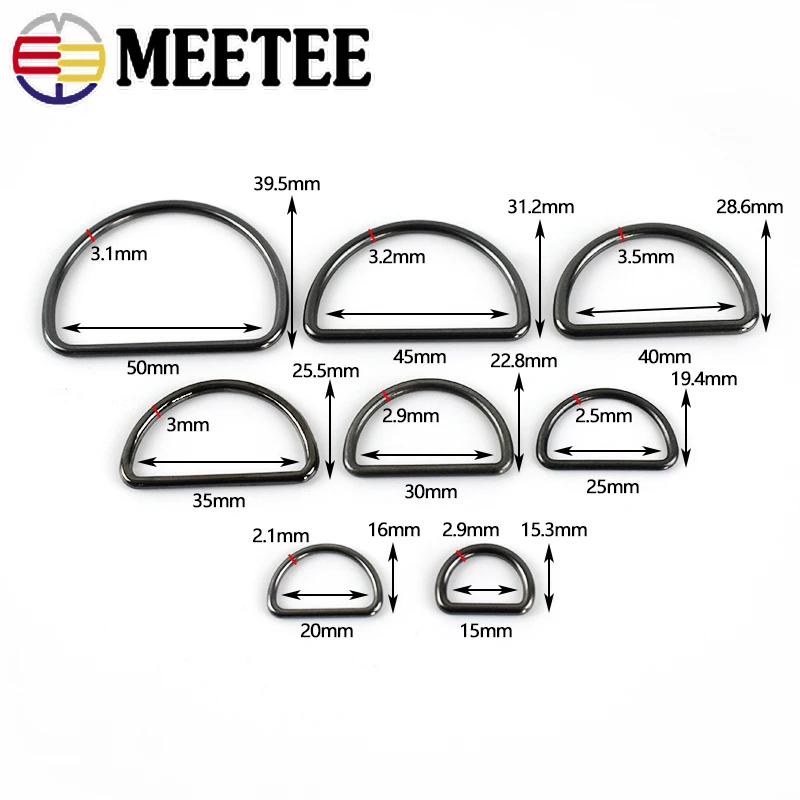 Meetee 30Pcs Metal D Ring Buckle 15-50mm Bag Strap Clasps Webbing belt buckle Adjuster Connector Hooks DIY Hardware Accessories