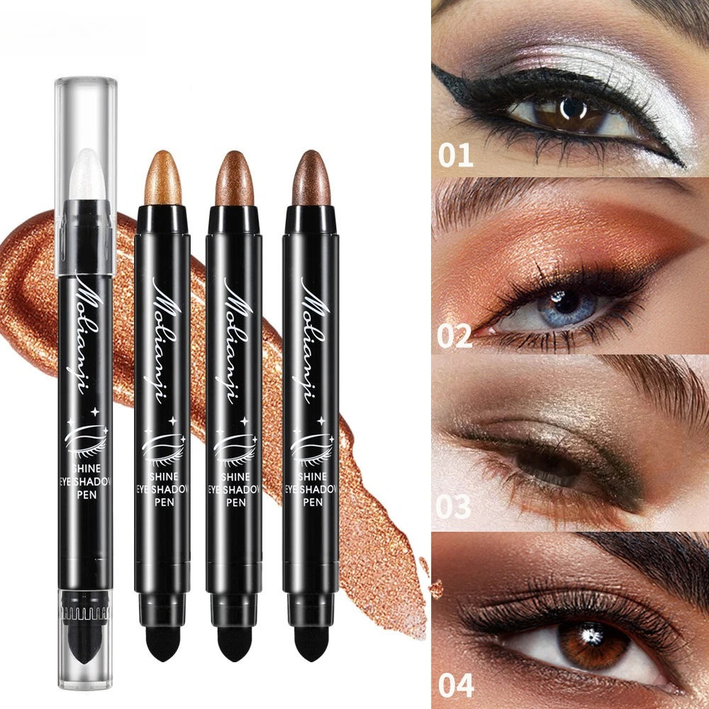 →이Ombretto in metallo Stick - Ombretto in stick metallizzato lucido Trucco schiarente Penna per ombretto con baco da seta per dormire ad alta lucentezza