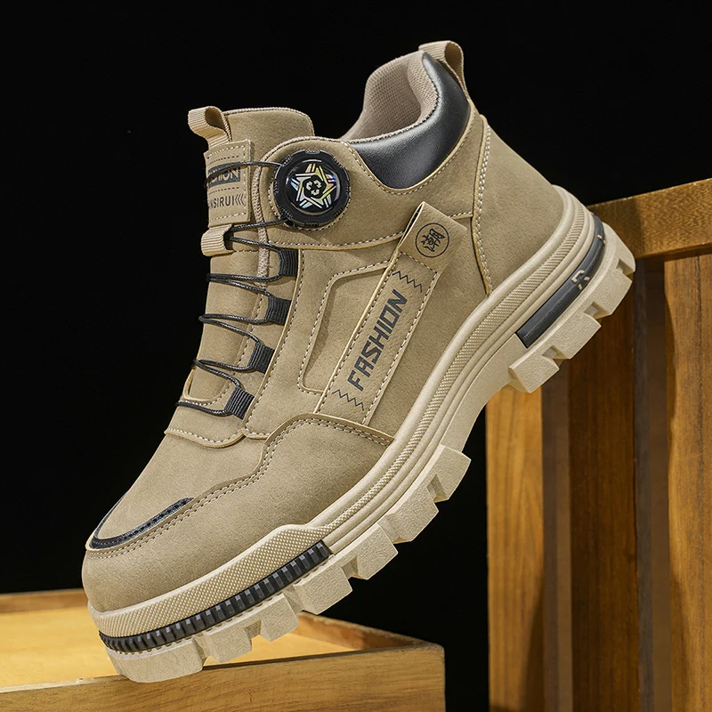 Men's Mid Top Work Boots Chunky Lug Sole Non Slip Platform Sneakers Outdoor Hiking Casual Utility Ankle Shoes Grey Khaki Two Col view 3
